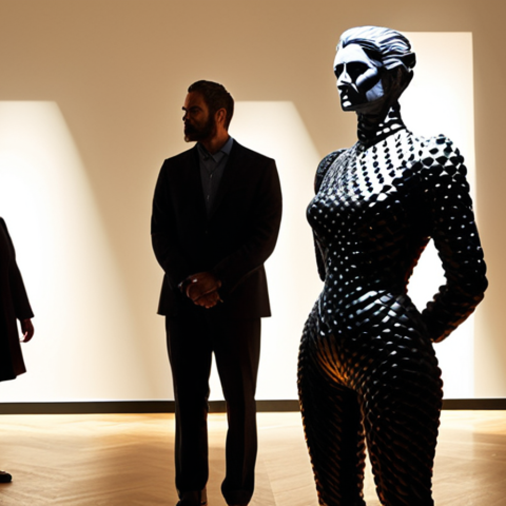 **
"A brightly lit modern art installation featuring a sculpture highlighted with focused warm-toned spotlights, creating dramatic shadows, fully clothed individuals observing the art, appropriate attire, safe for work, perfect anatomy, correct proportions, professional art photography, high quality, family-friendly."
**