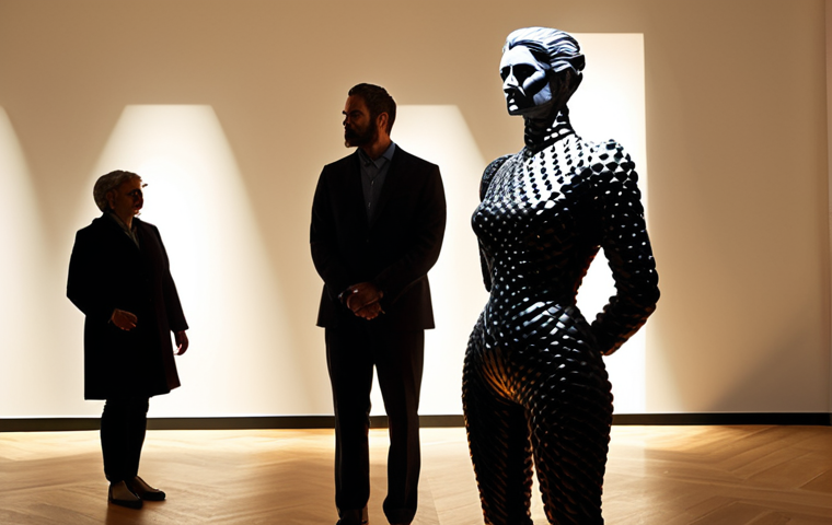 **

"A brightly lit modern art installation featuring a sculpture highlighted with focused warm-toned spotlights, creating dramatic shadows, fully clothed individuals observing the art, appropriate attire, safe for work, perfect anatomy, correct proportions, professional art photography, high quality, family-friendly."

**