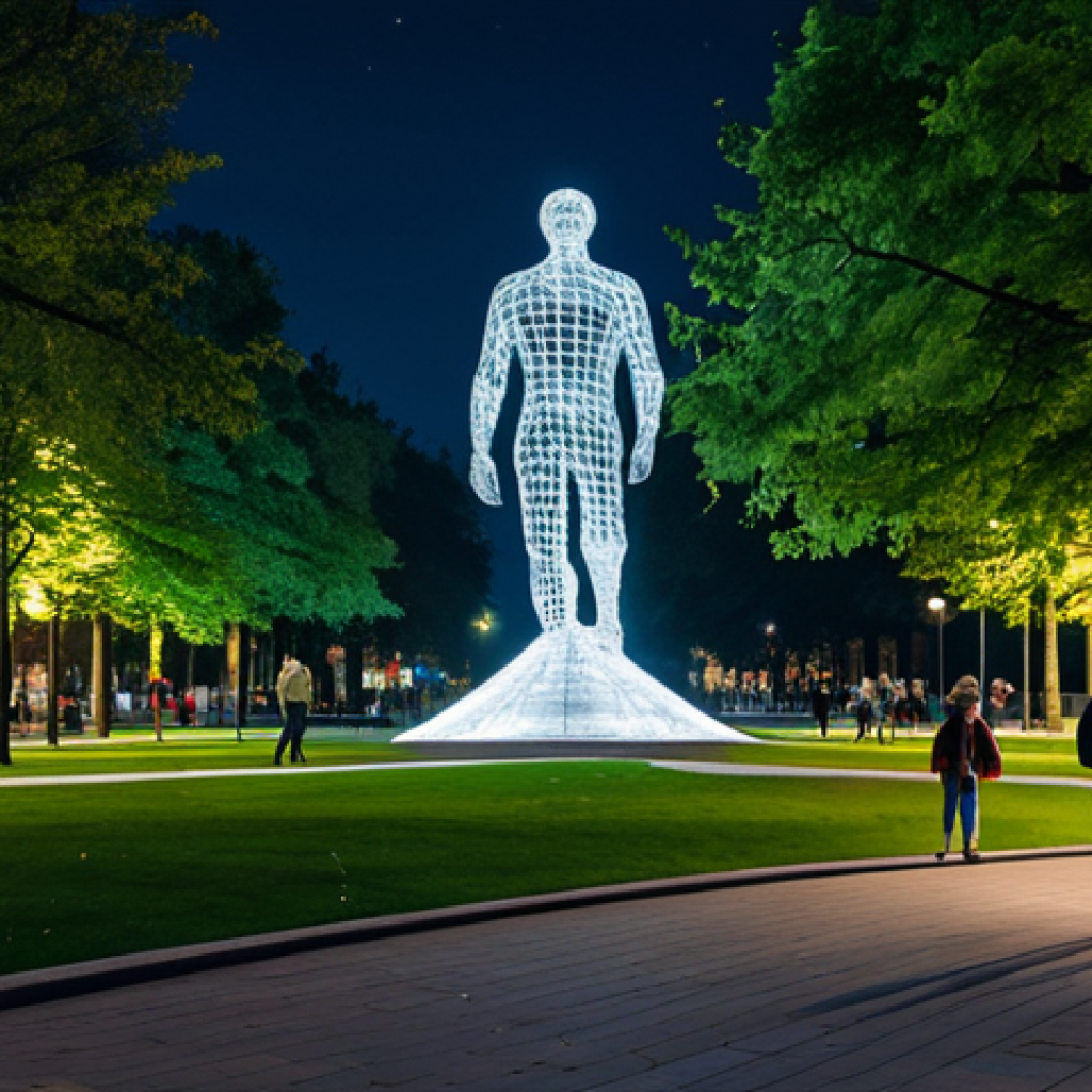 **
"A public park featuring a large, modern sculpture. People are walking around and enjoying the space. The sculpture is illuminated at night. Safe for work, appropriate content, fully clothed, professional photography, perfect anatomy, natural proportions, family-friendly environment."
**
