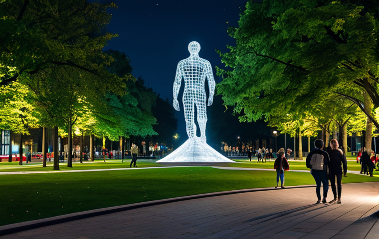 **

"A public park featuring a large, modern sculpture. People are walking around and enjoying the space. The sculpture is illuminated at night. Safe for work, appropriate content, fully clothed, professional photography, perfect anatomy, natural proportions, family-friendly environment."

**