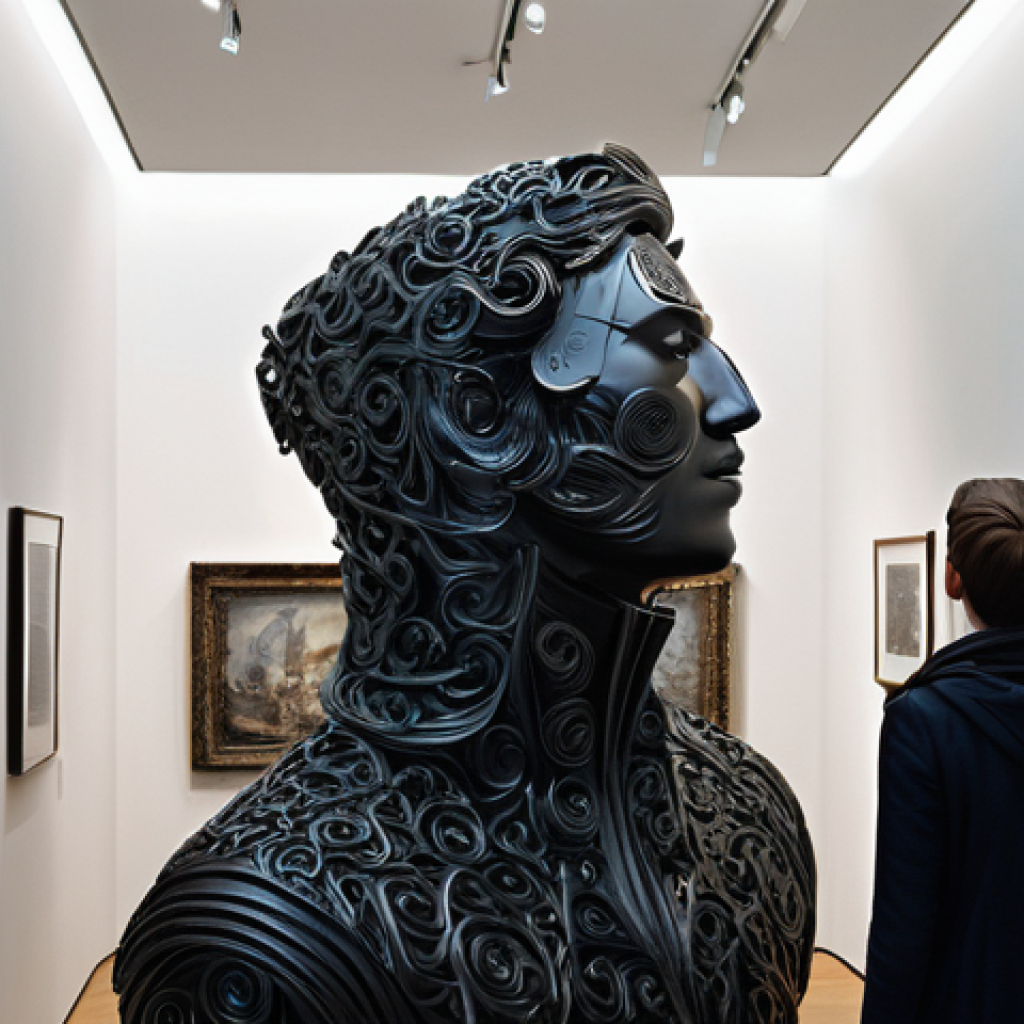 설치 예술 공간 구성 시 피해야 할 오류 - A hyperrealistic photo of a colossal, angular, dark metal sculpture crammed into a brightly lit, nar...