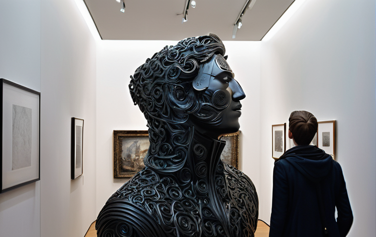 설치 예술 공간 구성 시 피해야 할 오류 - A hyperrealistic photo of a colossal, angular, dark metal sculpture crammed into a brightly lit, nar...