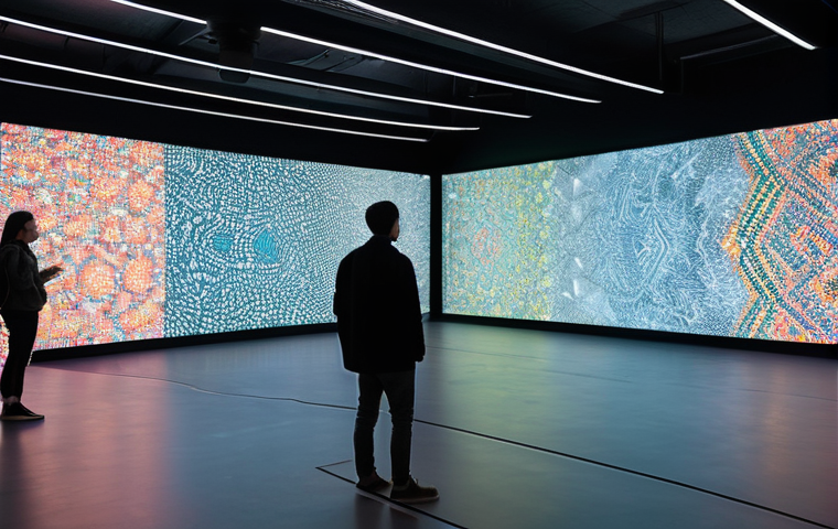 설치 예술 공간 구성 시 피해야 할 오류 - A hyperrealistic photo of a colossal, angular, dark metal sculpture crammed into a brightly lit, nar...