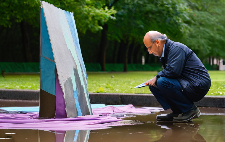 설치 예술 공간 구성 시 피해야 할 오류 - A modern, high-tech photo of a contemporary art gallery. In the center is a large, multi-panel LED s...