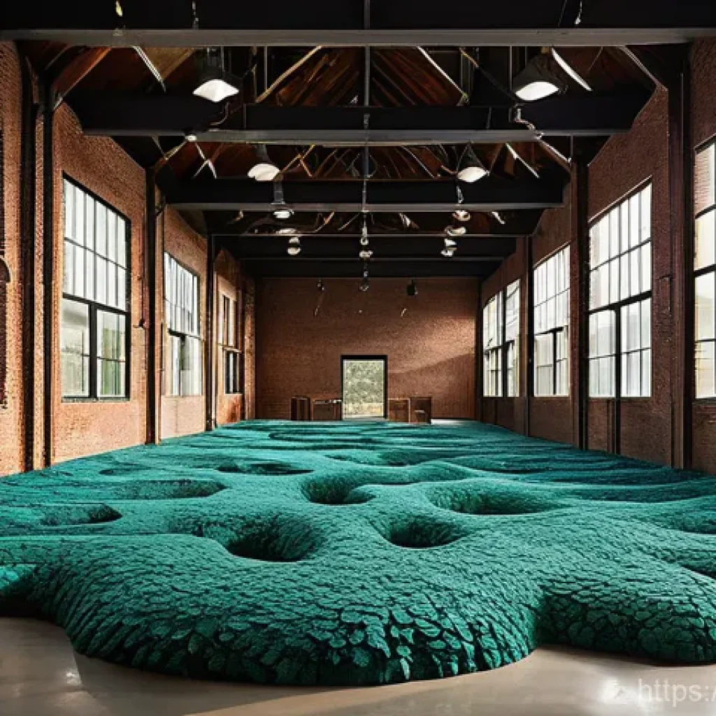 설치 예술 공간의 유연성 있는 구성 방법 - **"Reimagined Industrial Art Space with Natural Elements"**: A vibrant, modern art exhibition inside...