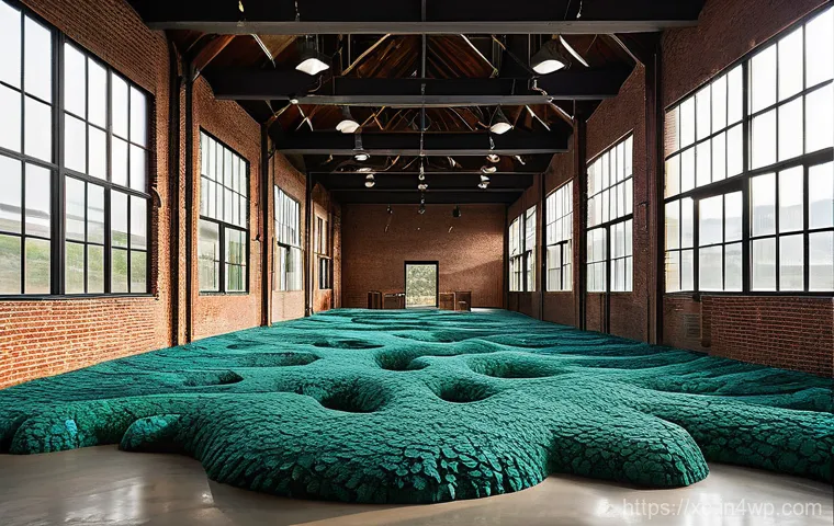 설치 예술 공간의 유연성 있는 구성 방법 - **"Reimagined Industrial Art Space with Natural Elements"**: A vibrant, modern art exhibition inside...