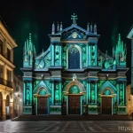 Home 13 사용할 수 있는 설치 예술 공간 도구 - A breathtaking, hyperrealistic panoramic shot of a historic European cathedral at night, completely ...
