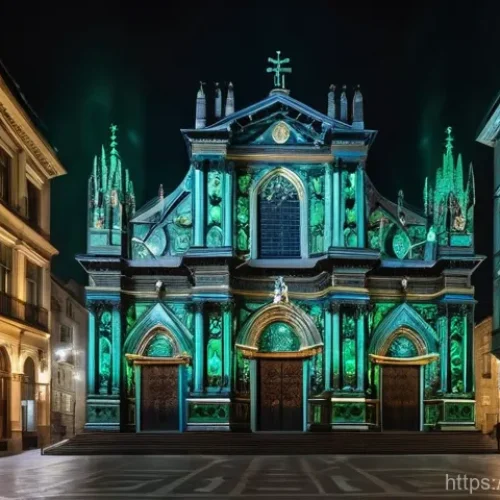 Home 25 사용할 수 있는 설치 예술 공간 도구 - A breathtaking, hyperrealistic panoramic shot of a historic European cathedral at night, completely ...